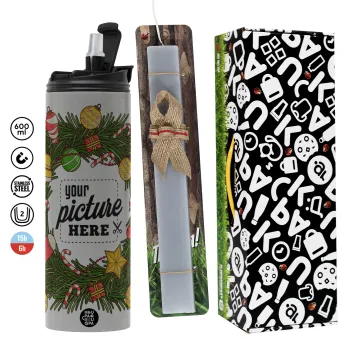 PHOTO Christmas twitch, Πασχαλινή Λαμπάδα με Travel Tumbler θερμό (600ml, BPA free) & κερί αρωματικό πλακέ (30cm) (ΓΚΡΙ)
