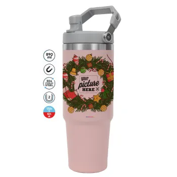 PHOTO Christmas twitch, ΡΟΖ χρώματος Θερμός Ανοξείδωτο 890ml (30oz) με χερούλι