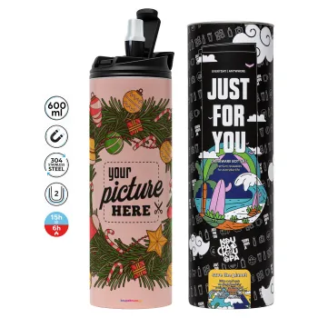 PHOTO Christmas twitch, Tumbler ποτήρι θερμό ΡΟΖ από ανοξείδωτο ατσάλι 600ml