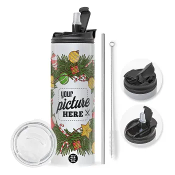 PHOTO Christmas twitch, Travel Tumbler θερμό με διπλό καπάκι, μεταλλικό καλαμάκι και βούρτσα καθαρισμού (Ανωξείδωτο 304 Food grade, BPA free, 600ml)