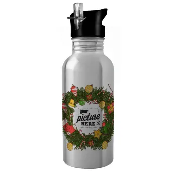 PHOTO Christmas twitch, Water bottle Silver with straw, stainless steel 600ml