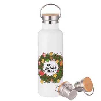 PHOTO Christmas twitch, Stainless steel White with wooden lid (bamboo), double wall, 750ml