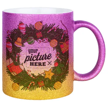 PHOTO Christmas twitch, Κούπα Χρυσή/Ροζ Glitter, κεραμική, 330ml