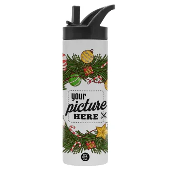 PHOTO Christmas twitch, Metallic thermos bottle with straw & handle, stainless steel (Stainless steel 304), double-walled, 600ml.
