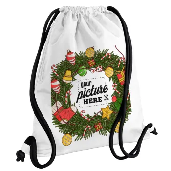 PHOTO Christmas twitch, Τσάντα πλάτης πουγκί GYMBAG λευκή, με τσέπη (40x48cm) & χονδρά κορδόνια