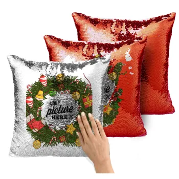 PHOTO Christmas twitch, Μαξιλάρι καναπέ Μαγικό Κόκκινο με πούλιες 40x40cm περιέχεται το γέμισμα