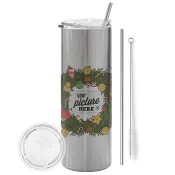 PHOTO Christmas twitch, Tumbler stainless steel Silver 600ml, with metal straw & cleaning brush