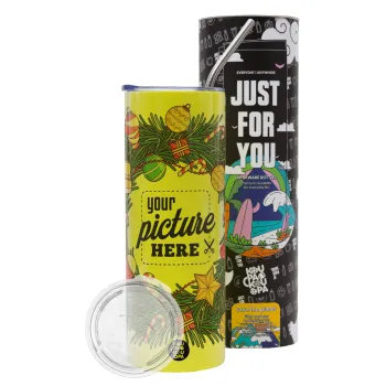 PHOTO Christmas twitch, Neon Yellow Travel Tumbler θερμό, μεταλλικό καλαμάκι(Ανωξείδωτο 304 Food grade, BPA free, 600ml)