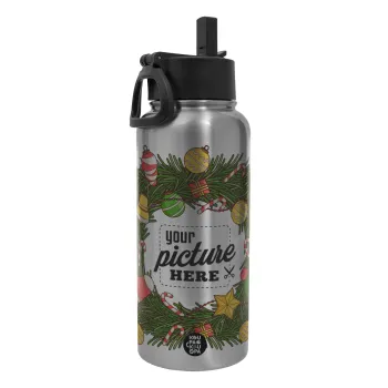 PHOTO Christmas twitch, Metal mug thermo Silver with Straw and Spout Lid (Stainless steel), double wall, 950ml