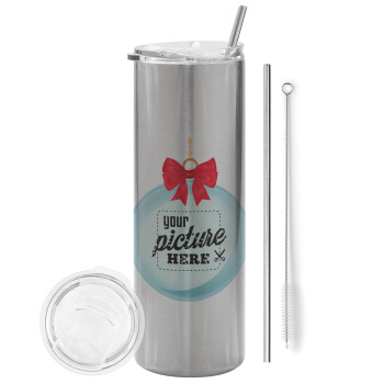 PHOTO snowball, Eco friendly stainless steel Silver tumbler 600ml, with metal straw & cleaning brush