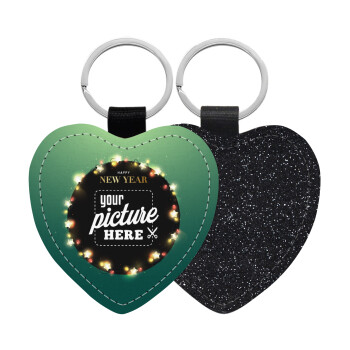 PHOTO xmas lights, Μπρελόκ PU δερμάτινο glitter καρδιά ΜΑΥΡΟ