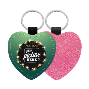 PHOTO xmas lights, Μπρελόκ PU δερμάτινο glitter καρδιά ΡΟΖ