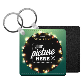 PHOTO xmas lights, Μπρελόκ Δερματίνη, τετράγωνο ΜΑΥΡΟ (5x5cm)