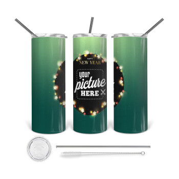 PHOTO xmas lights, Tumbler stainless steel 600ml, with metal straw & cleaning brush