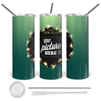 PHOTO xmas lights, Tumbler ποτήρι θερμό από ανοξείδωτο ατσάλι 600ml, με μεταλλικό καλαμάκι & βούρτσα καθαρισμού