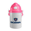 Scania, Ροζ παιδικό παγούρι πλαστικό (BPA-FREE) με καπάκι ασφαλείας, κορδόνι και καλαμάκι, 400ml