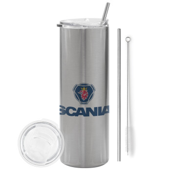 Scania, Eco friendly ποτήρι θερμό Ασημένιο (tumbler) από ανοξείδωτο ατσάλι 600ml, με μεταλλικό καλαμάκι & βούρτσα καθαρισμού