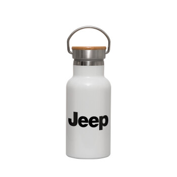 Jeep, Μεταλλικό παγούρι θερμός (Stainless steel) Λευκό με ξύλινο καπακι (bamboo), διπλού τοιχώματος, 350ml