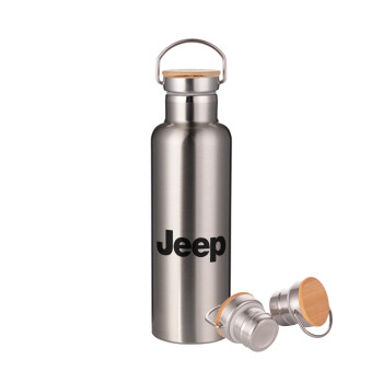 Jeep, Stainless steel Silver with wooden lid (bamboo), double wall, 750ml