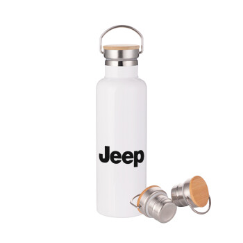 Jeep, Μεταλλικό παγούρι θερμός (Stainless steel) Λευκό με ξύλινο καπάκι (bamboo), διπλού τοιχώματος, 750ml