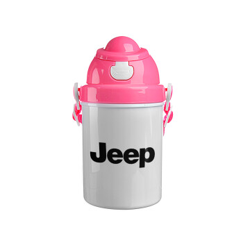 Jeep, Ροζ παιδικό παγούρι πλαστικό (BPA-FREE) με καπάκι ασφαλείας, κορδόνι και καλαμάκι, 400ml