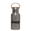 Stainless steel metallic thermos flask, silver with a bamboo lid, double-walled, 350ml.