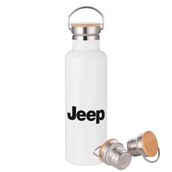 Jeep — Stainless steel White with wooden lid (bamboo), double wall, 750ml