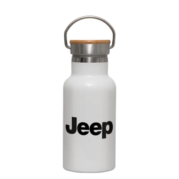 Jeep — Metallic thermos (Stainless steel) White with wooden lid (bamboo), double-walled, 350ml