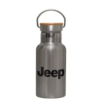 Jeep, Stainless steel metallic thermos flask, silver with a bamboo lid, double-walled, 350ml.