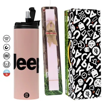 Jeep, Easter candle,Travel Tumbler 2 Lids, with metal straw & cleaning brush & aromatic flat candle (30cm) (PINK)
