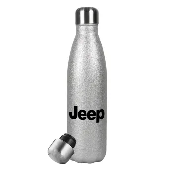 Jeep, Μεταλλικό παγούρι θερμός Glitter Aσημένιο (Stainless steel), διπλού τοιχώματος, 500ml