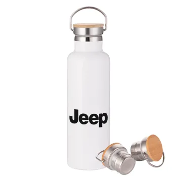 Jeep, Stainless steel White with wooden lid (bamboo), double wall, 750ml