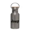 Stainless steel metallic thermos flask, silver with a bamboo lid, double-walled, 350ml.