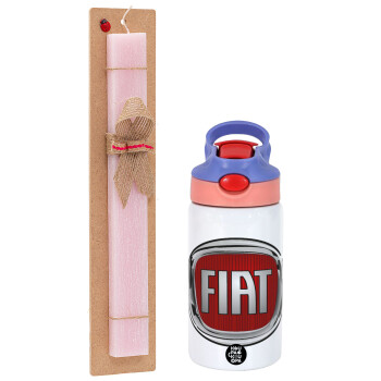 FIAT, Easter Set, Children's thermal stainless steel water bottle with safety straw, pink/purple (350ml) & Easter scented flat candle (30cm) (PINK)