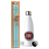 Easter Set, metallic stainless steel water bottle (750ml) & aromatic flat Easter candle (30cm) (TURQUOISE)