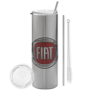 FIAT, Eco friendly ποτήρι θερμό Ασημένιο (tumbler) από ανοξείδωτο ατσάλι 600ml, με μεταλλικό καλαμάκι & βούρτσα καθαρισμού
