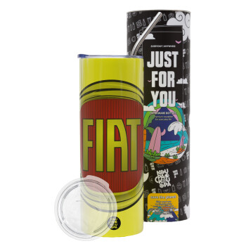 FIAT, Neon Yellow Travel Tumbler θερμό, μεταλλικό καλαμάκι(Ανωξείδωτο 304 Food grade, BPA free, 600ml)