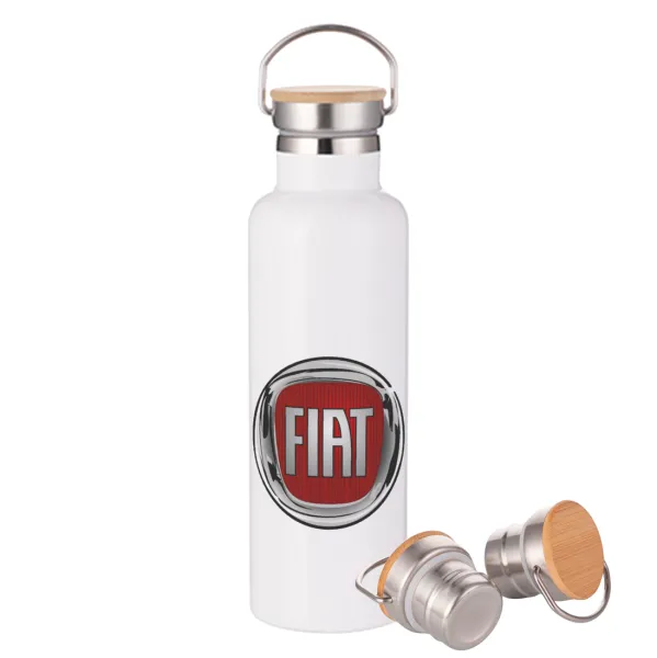 FIAT — Μεταλλικό παγούρι θερμός (Stainless steel) Λευκό με ξύλινο καπάκι (bamboo), διπλού τοιχώματος, 750ml