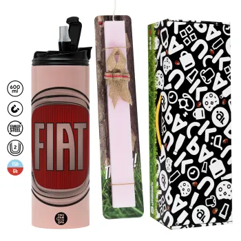 FIAT, Easter candle,Travel Tumbler 2 Lids, with metal straw & cleaning brush & aromatic flat candle (30cm) (PINK)