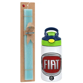 FIAT, Easter Set, Children's thermal stainless steel bottle with safety straw, green/blue (350ml) & aromatic flat Easter candle (30cm) (TURQUOISE)