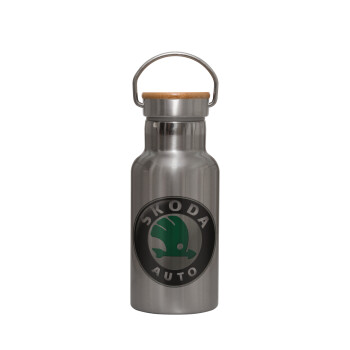 SKODA, Stainless steel metallic thermos flask, silver with a bamboo lid, double-walled, 350ml.