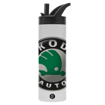 SKODA, Μεταλλικό παγούρι θερμός με καλαμάκι & χειρολαβή, ανοξείδωτο ατσάλι (Stainless steel 304), διπλού τοιχώματος, 600ml