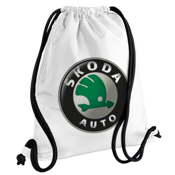 SKODA, Τσάντα πλάτης πουγκί GYMBAG λευκή, με τσέπη (40x48cm) & χονδρά κορδόνια