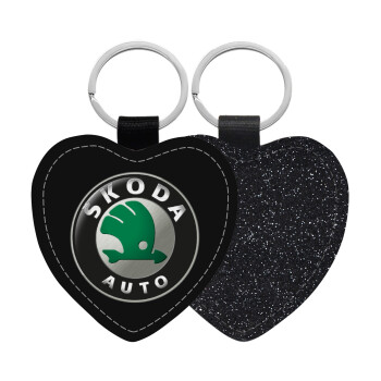 SKODA, Μπρελόκ PU δερμάτινο glitter καρδιά ΜΑΥΡΟ