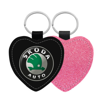 SKODA, Μπρελόκ PU δερμάτινο glitter καρδιά ΡΟΖ