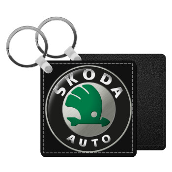 SKODA, Μπρελόκ Δερματίνη, τετράγωνο ΜΑΥΡΟ (5x5cm)