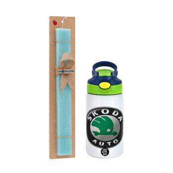 SKODA, Πασχαλινό Σετ, Παιδικό παγούρι θερμό, ανοξείδωτο, με καλαμάκι ασφαλείας, πράσινο/μπλε (350ml) & πασχαλινή λαμπάδα αρωματική πλακέ (30cm) (ΤΙΡΚΟΥΑΖ)