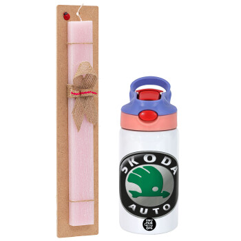SKODA, Πασχαλινό Σετ, Παιδικό παγούρι θερμό, ανοξείδωτο, με καλαμάκι ασφαλείας, ροζ/μωβ (350ml) & πασχαλινή λαμπάδα αρωματική πλακέ (30cm) (ΡΟΖ)