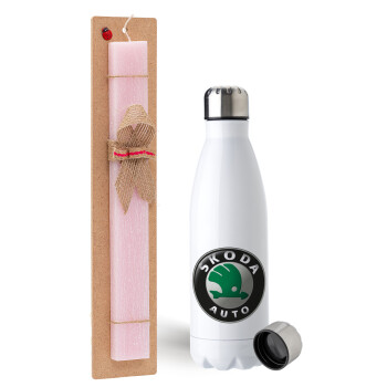 SKODA, Easter Set, metallic stainless steel water bottle (750ml) & scented flat Easter candle (30cm) (PINK)
