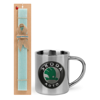 SKODA, Easter Set, metallic thermal cup (300ml) & aromatic flat Easter candle (30cm) (TURQUOISE)